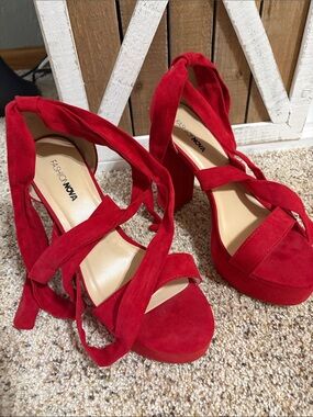 Fashion Nova Red Lace-Up Suede Platform Heels